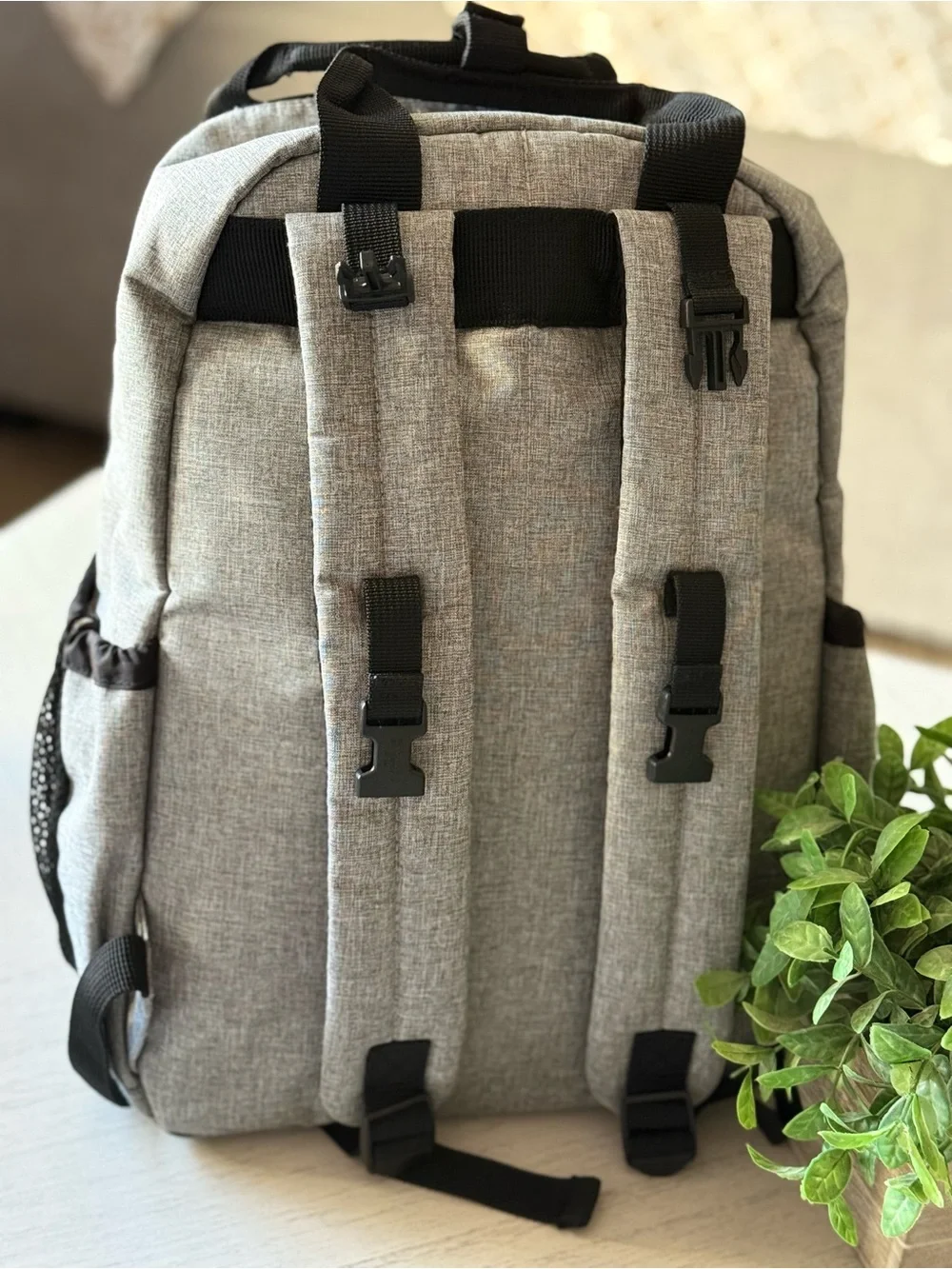 Skip Hop Light Gray Diaper Bag with Black Accents and Tan Trim